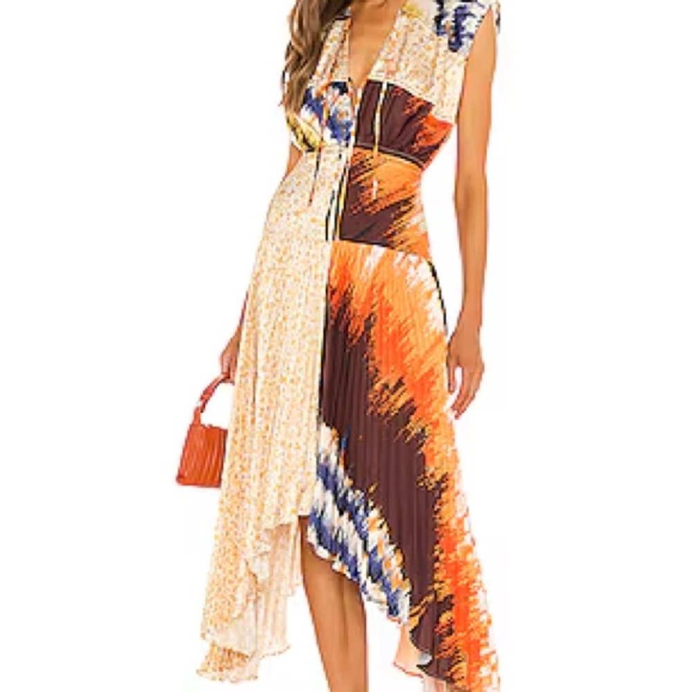 AMUR Milan Pleated Midi Dress in Orange, Brown, and Cream